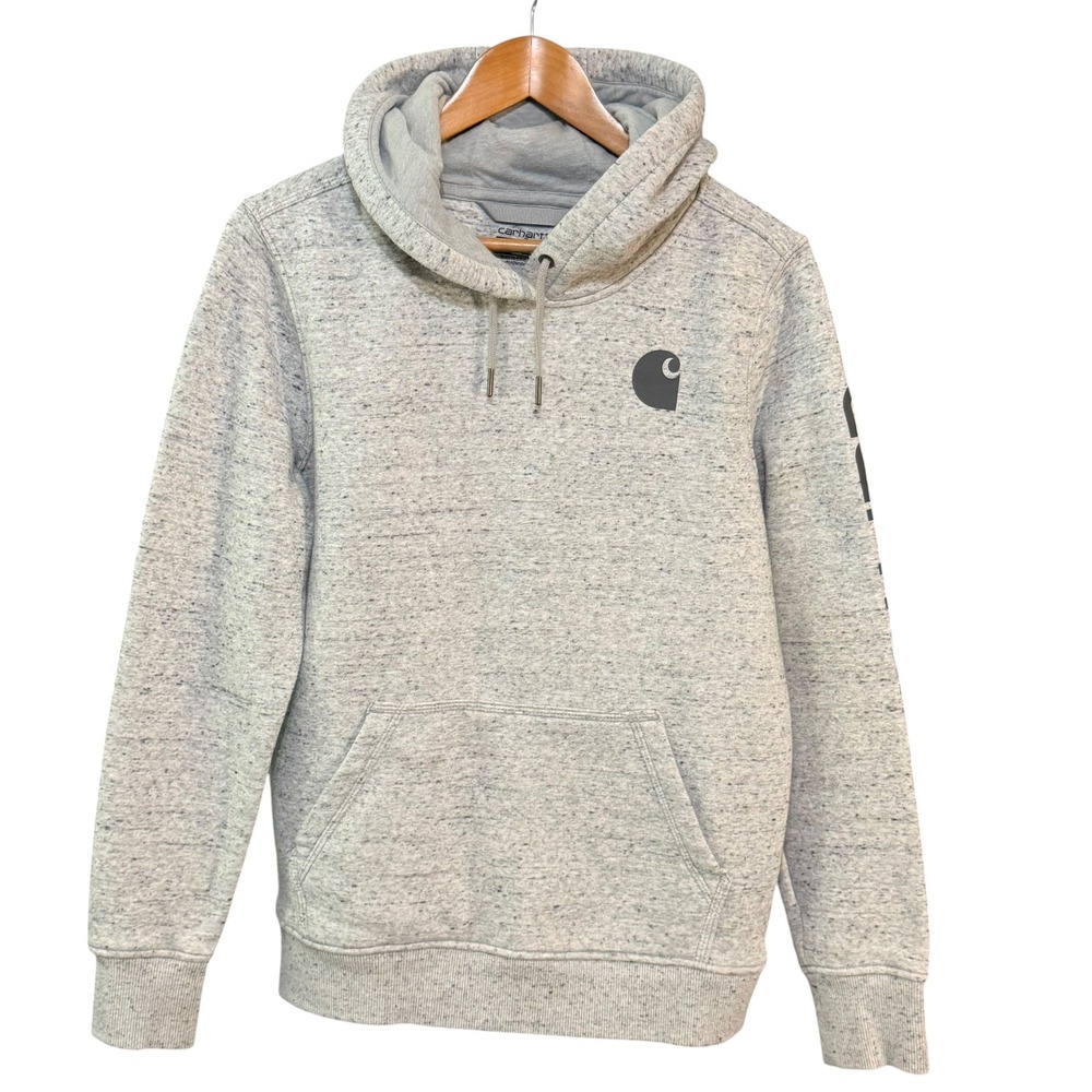 Carhartt Hoodie Womens M Grey Relaxed Logo Graphic Speckled Pullover Sweatshirt
